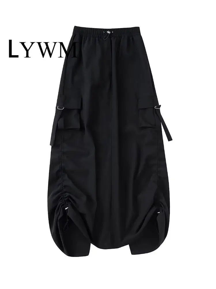 

LYWM Women Fashion With Pockets Solid Pleated Back Slit Midi Skirt Vintage High Waist Female Chic Lady Skirts