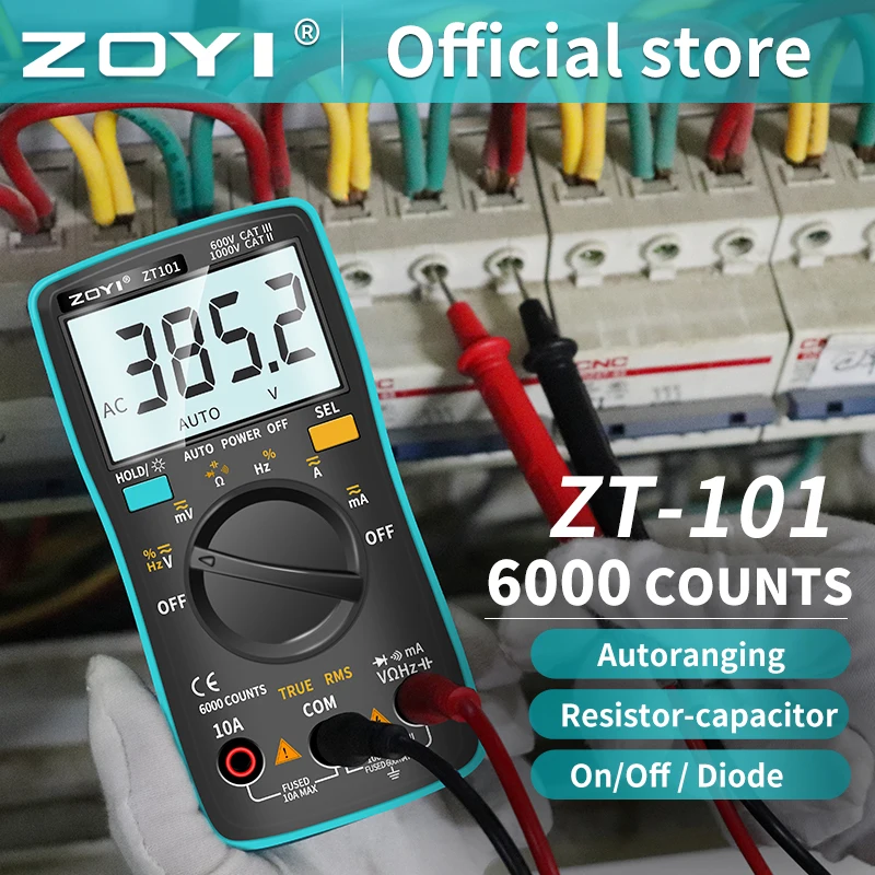 

ZOYI ZT101 Digital Multimeter 6000 counts Back light AC/DC Ammeter Voltmeter Ohm Frequency Diode Temperature zt219