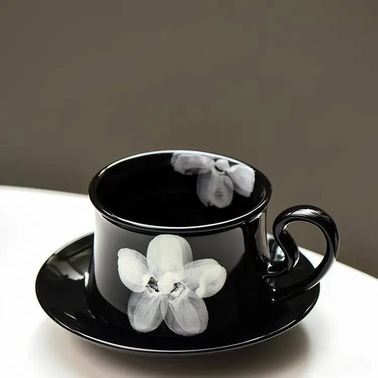 

Black Glazed Mist Flower Coffee Cup Plate Set Home Breakfast Ceramic Cups Afternoon Tea Mug Small High Beauty Gift 290ml