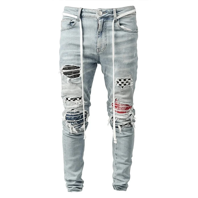 Men's Skinny Ripped Jeans Fashion Grid Beggar Patches Slim Fit Stretch Casual Denim Pencil Pants Painting Jogging Trousers Men