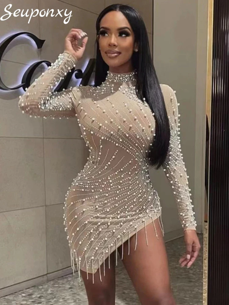 

High Quality Sexy High Neck Long Sleeve Mesh Luxury Diamond Fringe Beaded Dress 2022 New Elegant Women Bodycon Club Party Dress