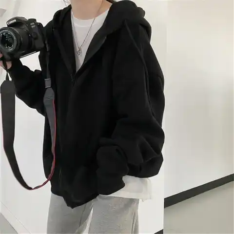 Women Hoodies Harajuku Korean Version Zip Up Loose Oversized Sweatshirts Casual Solid Color Long Sleeve Hooded Sweatshirt Coats