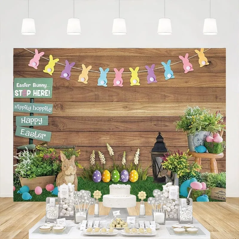 

Spring Backdrop Happy Easter Photography Rustic Wooden Wall Background Bunny Rabbit Colorful Eggs Grass Floral Party Decoration