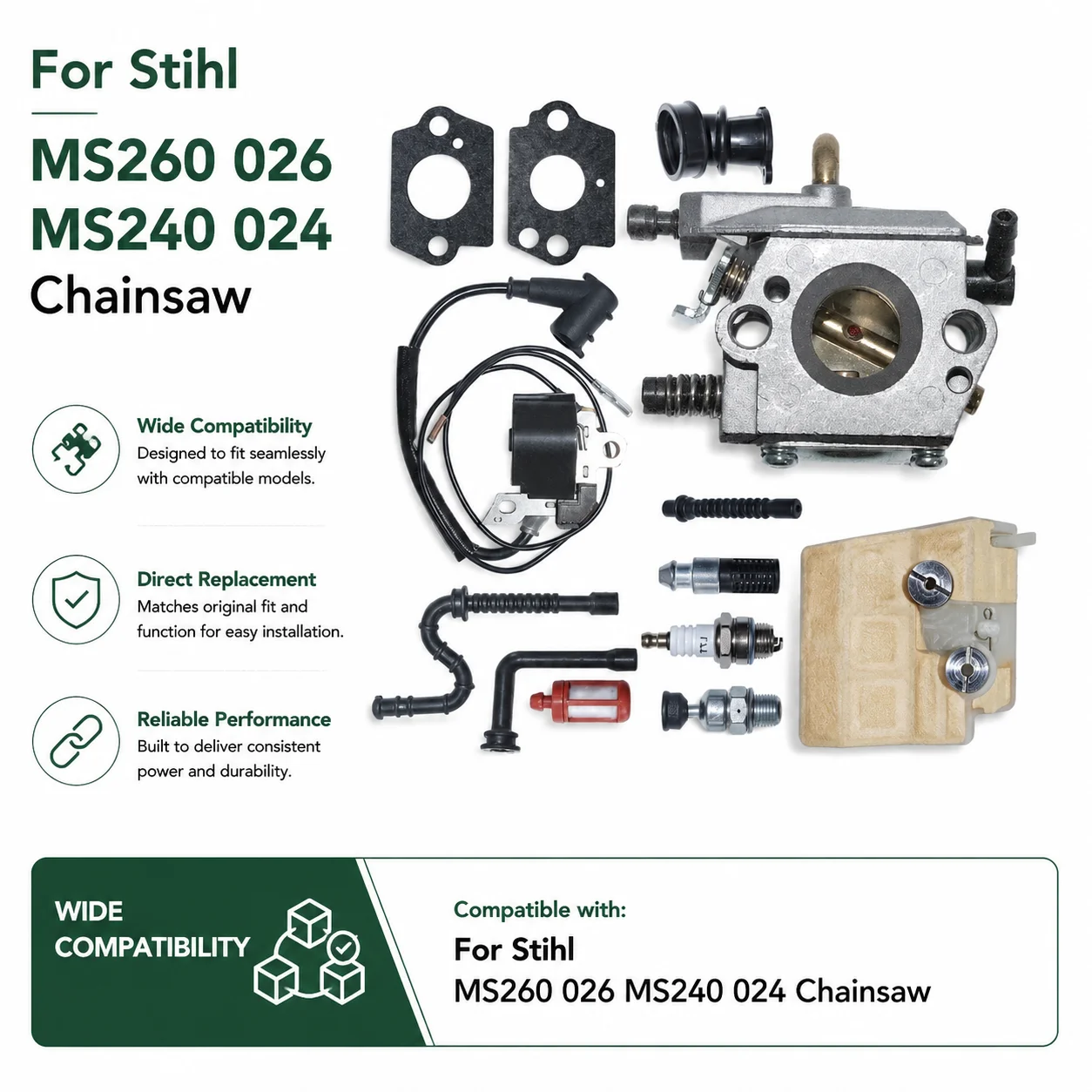 Фото Комплект карбюратора и катушки зажигания для бензопилы Stihl MS260 026, воздушный фильтр, свеча зажигания, топливный шланг, замена 1121 120 0611, 1121 120 1612 №3
