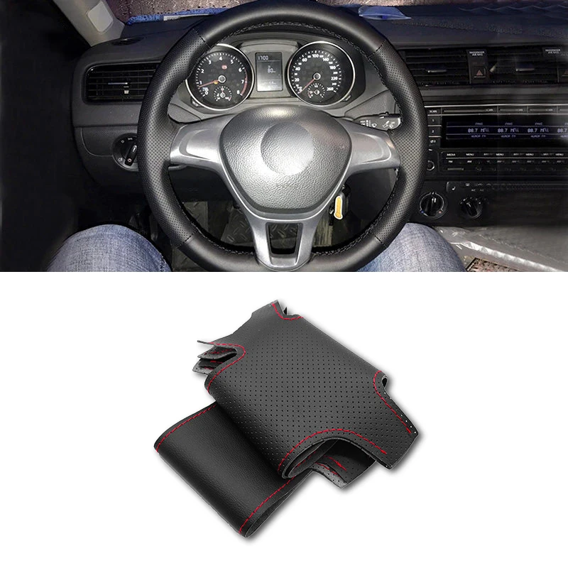 7 Mk7 Passat B8 Polo Tiguan Sharan Black-red Line Perforated Micro Leather Hand-stitched Steering Wheel Cover Trim