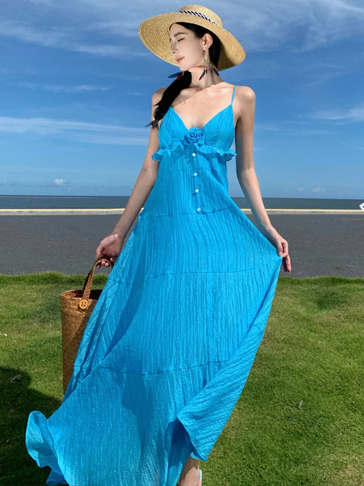 

Женское праздничное платье на бретелях-спагетти, голубое длинное платье без рукавов с V-образным вырезом, приталенное французское платье с оборками и цветочным 3D подолом, лето