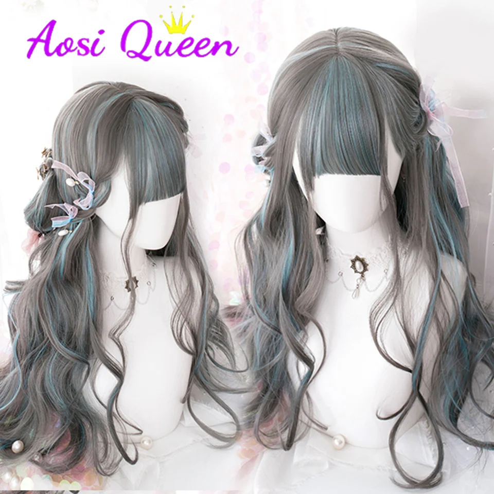 

AS grey green curls Straight with Bangs Synthetic Wigs for Women's Lolita Fake Hair Green Purple Cosplay Hairpiece