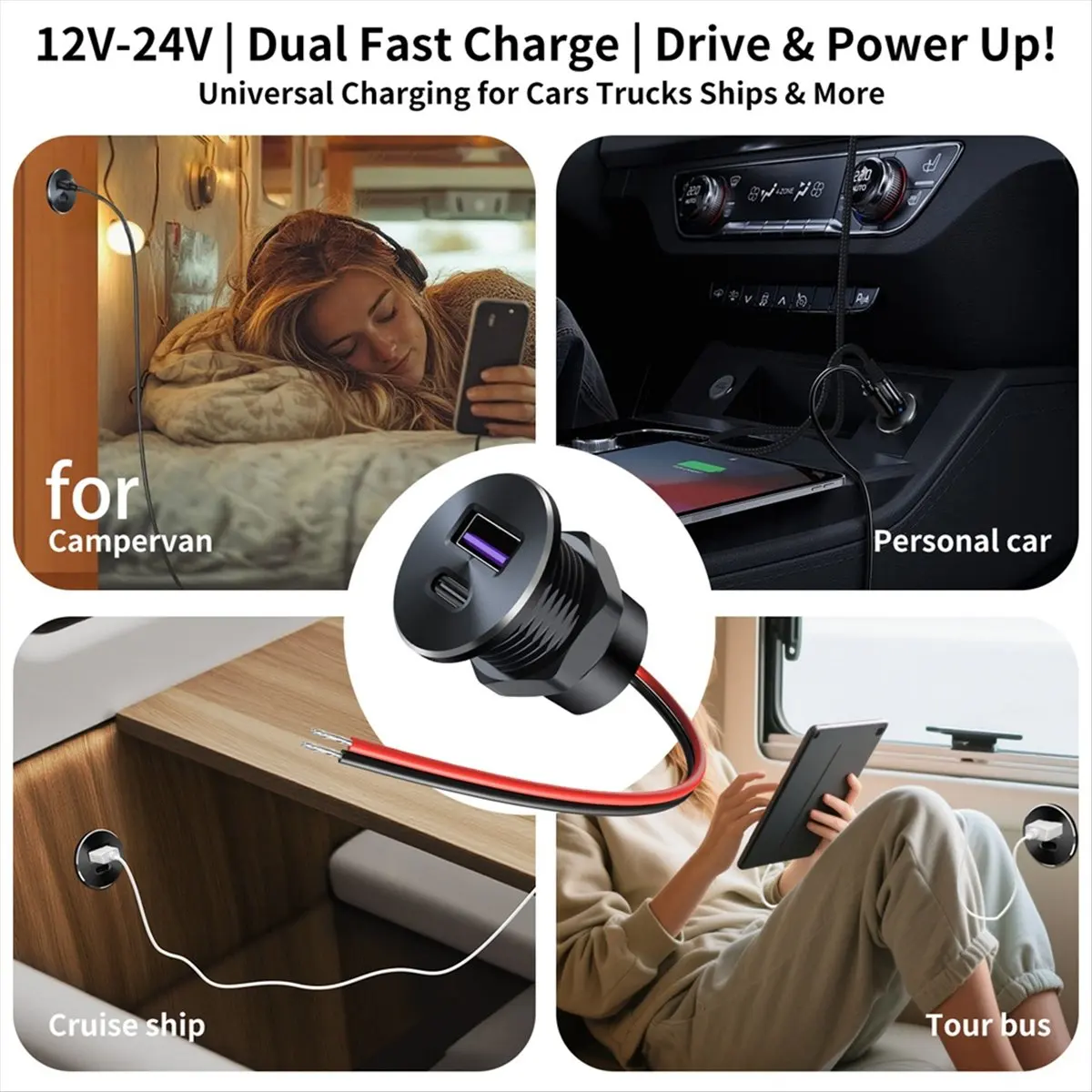 Фото [DTC4] Автомобильное зарядное устройство 12В с USB-выходом, встраиваемое, 30W PD Type-C и 18W QC3.0, алюминиевое, быстрое, для а №2