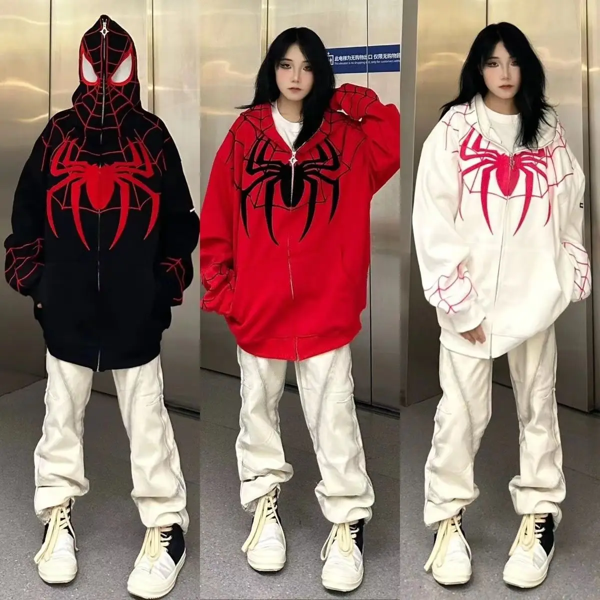 

American Vintage Spider Embroidered Zipper Hoodies Women Y2K New Street Popular Hip Hop Sweatshirts Unisex Harajuku Loose Hoodie