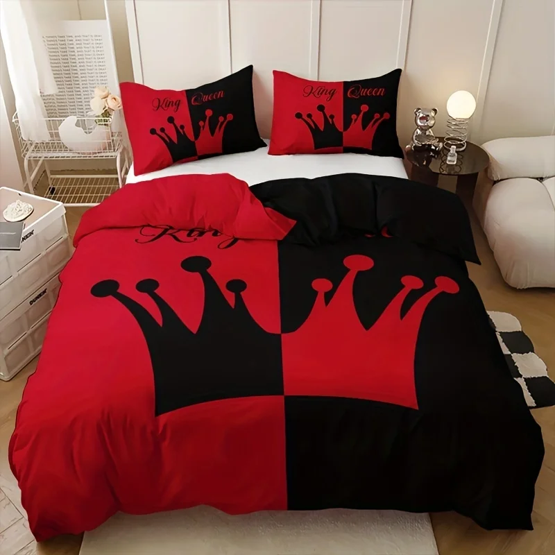 

3pcs Valentine's Day DuvetCover Set Couple Love Queen King Bedding Set Creative Red White Heart Rose Pattern Duvet Cover Bedroom