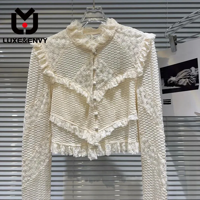 

LUXE&ENVY Sweet Pleated Wooden Ear Edge Panel Top Neck Single Breasted Flare Sleeve Slim Fit Slim Through Shirt 2023 Autumn