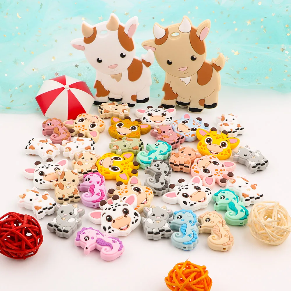 Kovict 10pcs New Silicone Beads Mini Goat Giraffe Seahorse Animals 1Pc Silicone Teethers DIY Pacifier Chain Cute Baby Molar Toys