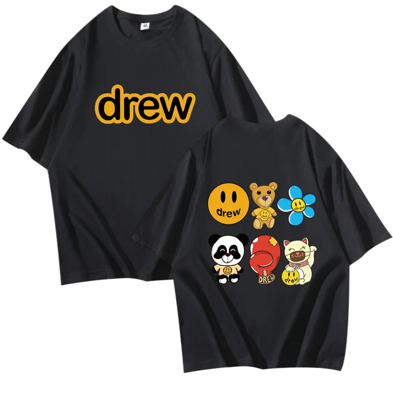 

Fshion Men's Cotton T-Shirt Short Sleeve Male Black Causal O-Neck Summer Smile Streetwear Drew House Justin Bieber T Shirts