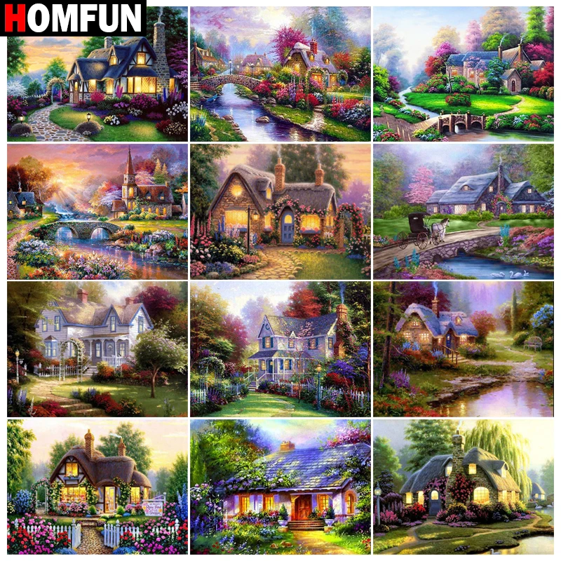 

HOMFUN Full Drill Diamond Painting "Chalet Landscape" DIY Picture Of Rhinestone 5D Diamond Embroidery Cross Stitch Decor