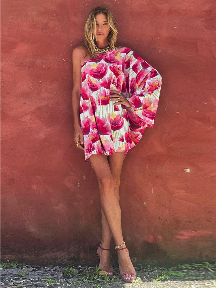 

2022 Sexy Rose Red One Shoulder Long Sleeve Mini Dress Women Summer Clothes Beach Wear Boho Printed High Street Dresses A1546