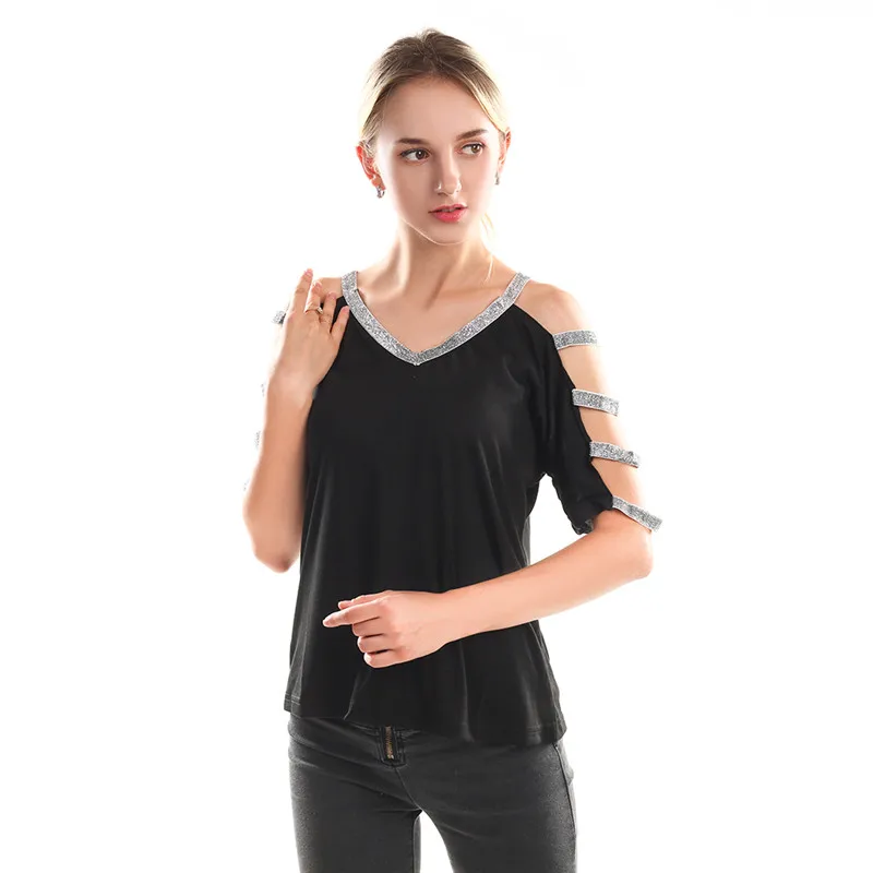 

Spring Summer Autumn Cute Short Sleeve T Shirt Women Summer Solid Strappy Tee Shirt Casual Cold Shoulder Tops