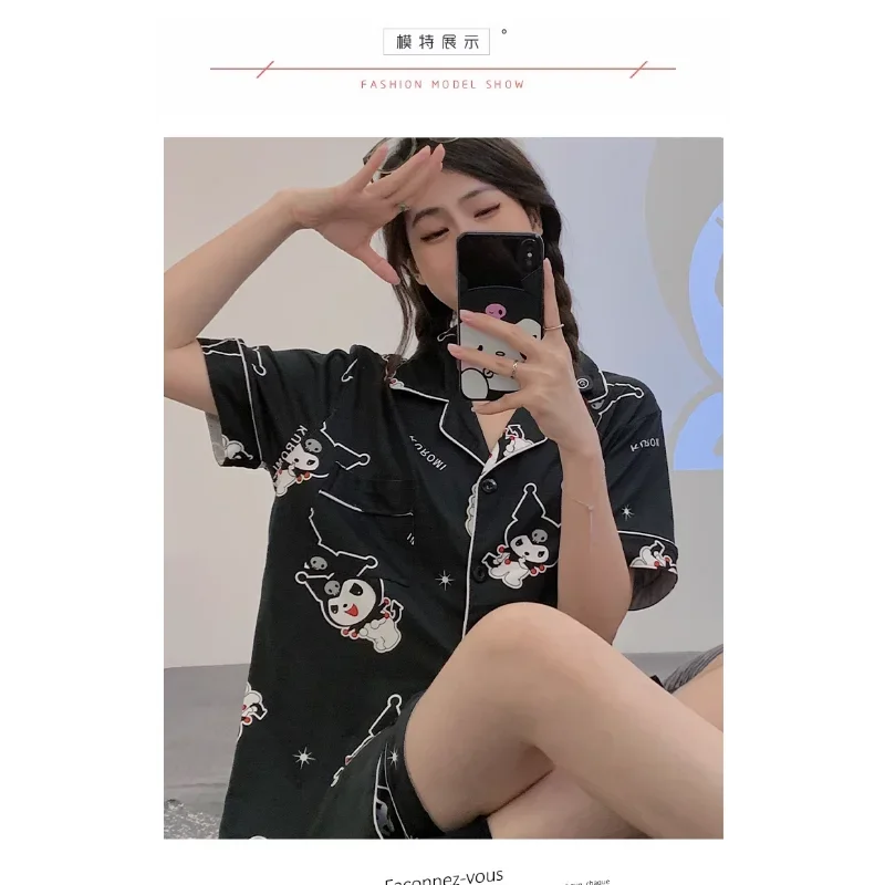 Sanrio Kuromi шелковые пижамы женские летние хлопковые с короткими рукавами