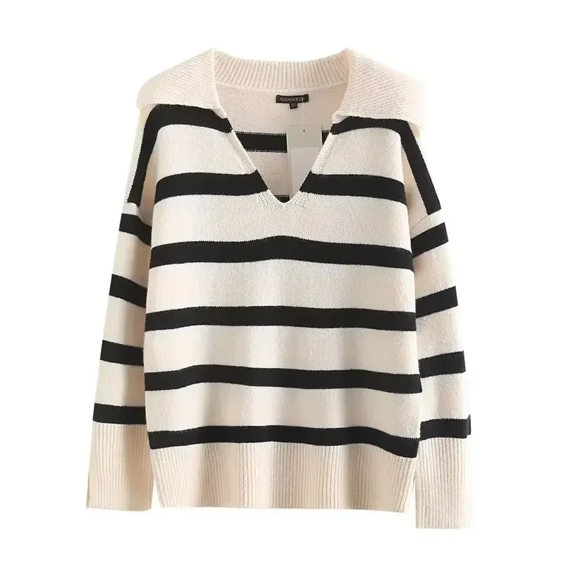 Фото Женский Осенний вязаный свитер джокер в полоску, Повседневный пуловер в стиле ретро с отворотом и длинным рукавом, шикарный топ, новинка 2023 №1