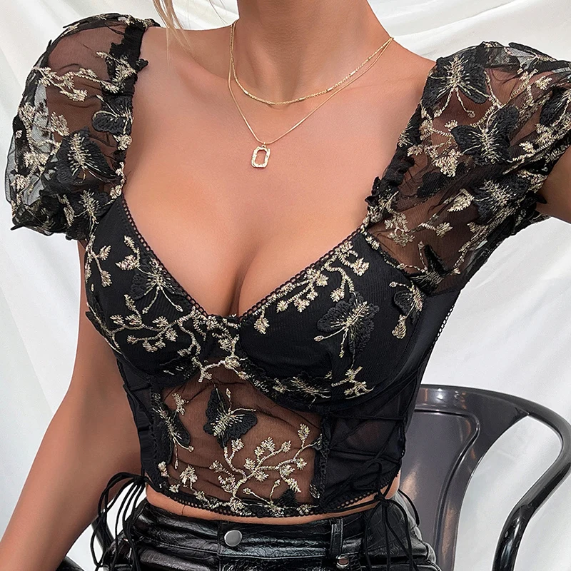 

Summer Short Sleeve Blouse Women V-Neck Embroidery Blouse Shirt Blusas Mujer De Moda 2023 Verano Women Tops Shirts Blouses Black