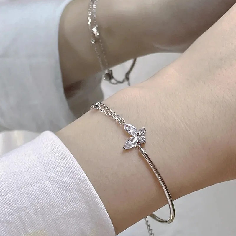 

S925 Sterling Silver Asymmetrical Butterfly Bracelet For Women Fashion Zircon Jewelry Wedding Party Gifts Girls