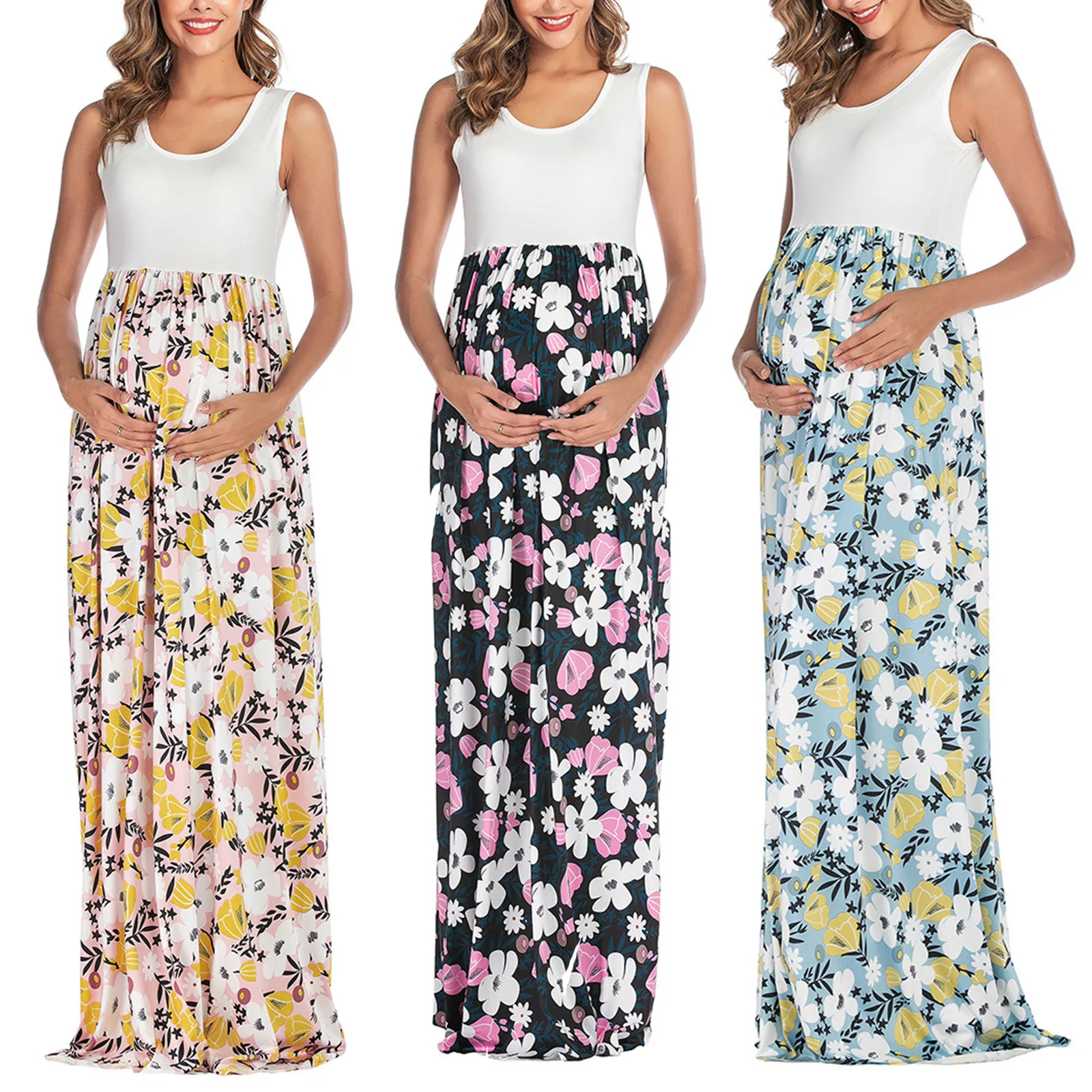 

Woman Skirt Maternity Sleeveless Vest Flowers Print Length-skirt Fashion Dress Pregnancy Clothes Maternity Clothes robe femme