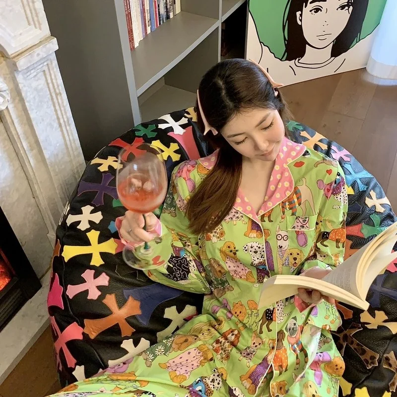 QWEEK Pajamas for Women Spring Autumn Sleepwear Loungewear Cute Cartoon Pet Dog Pijamas Pyjamas Two Piece Sets Home Clothes