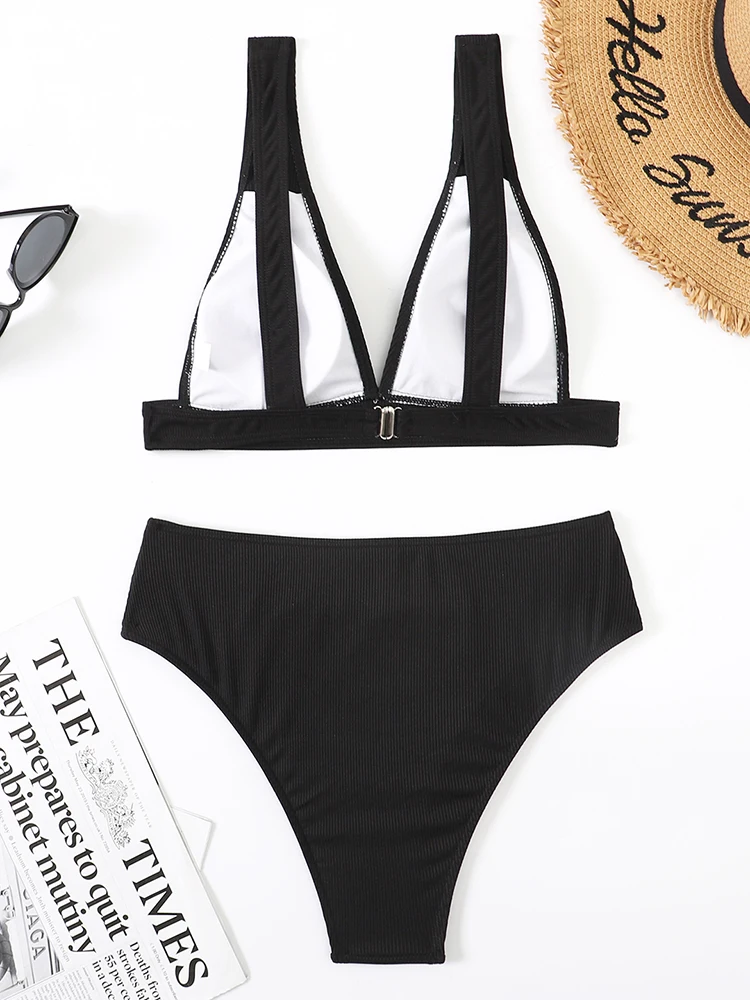 INGAGA Ribbed Bikini Women Swimsuit 2022 New High Waist Swimwear Sexy V-neck Biquini Push Up Bathing Suit Black Set | Женская одежда