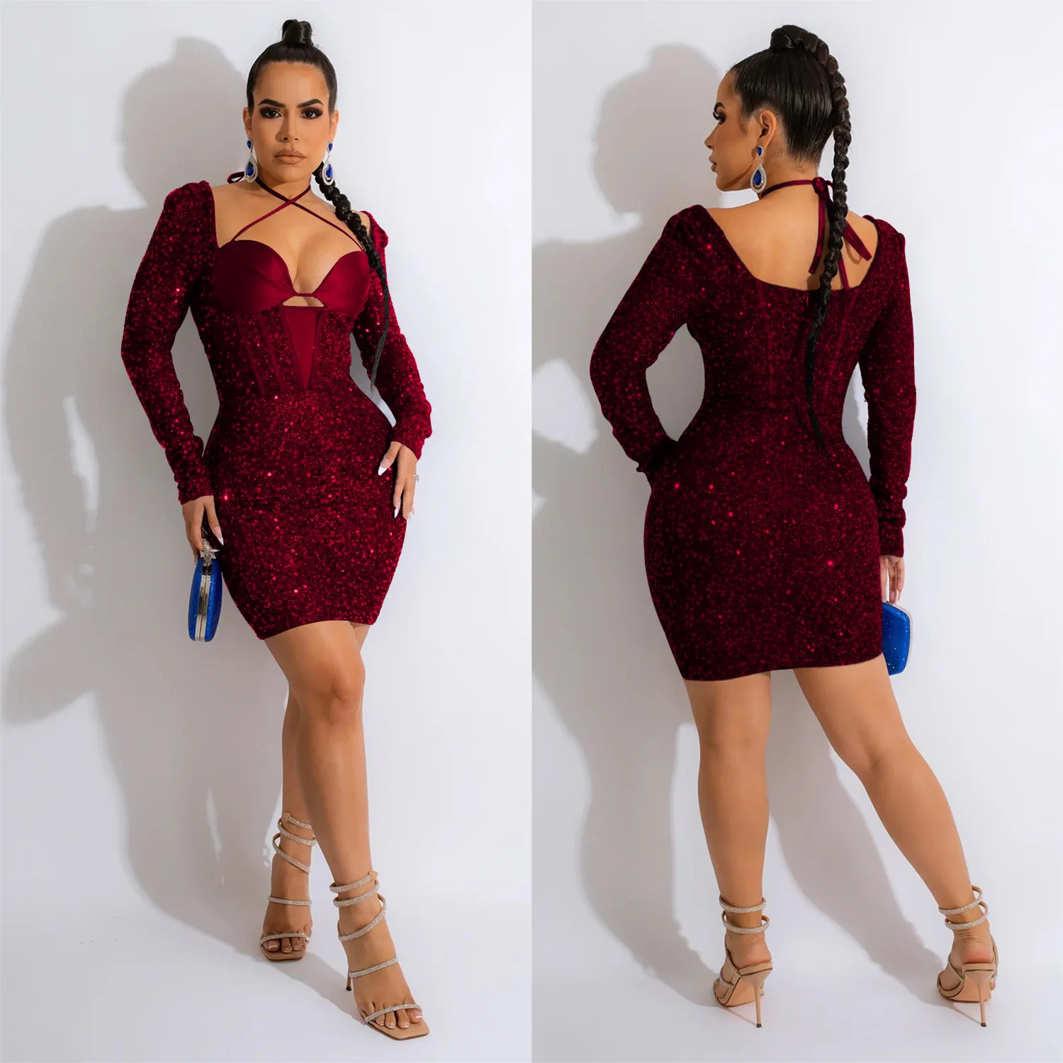 Women Sequined Evening Dress Halter Strapless Long Sleeve Slim Party Dress Sexy Fashion Mini Nightclub Dresses