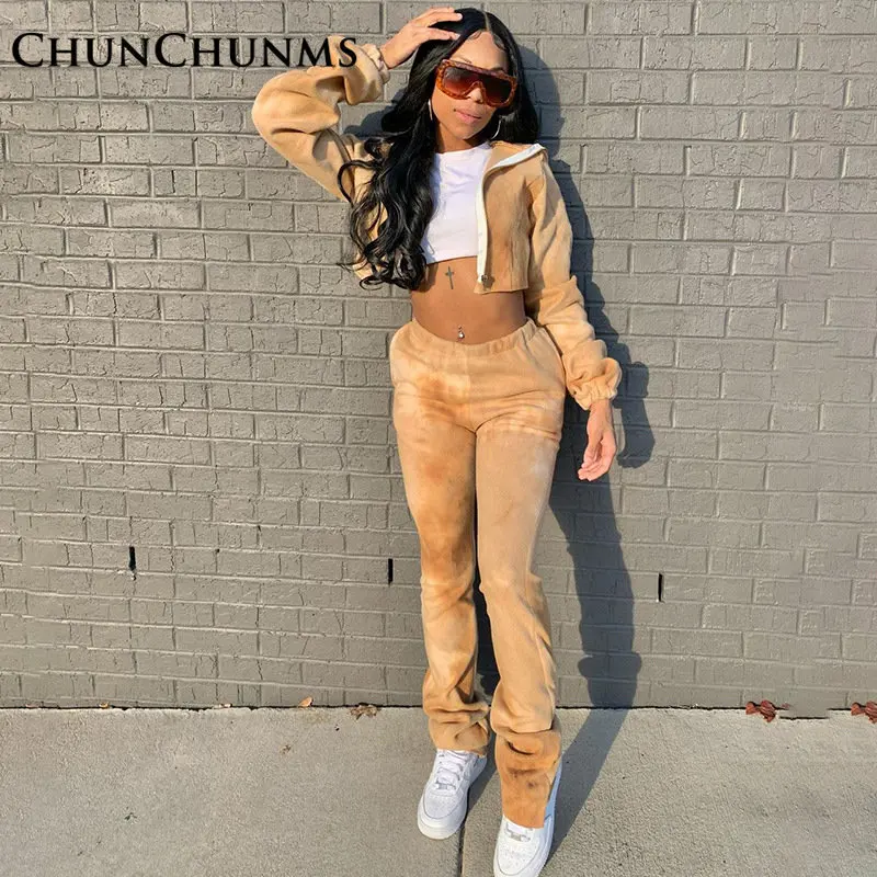 

Winter Tie Dye Zipper Hooded Cardigan Coat High Waist Slim Long Pant Two Piece Sport Tracksuit Women Set Casual Street Outfit