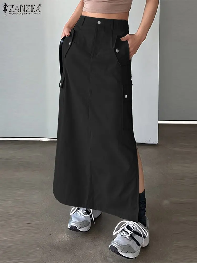 Модная женская Однотонная юбка-карго ZANZEA 2024 Повседневная Свободная длинная юбка