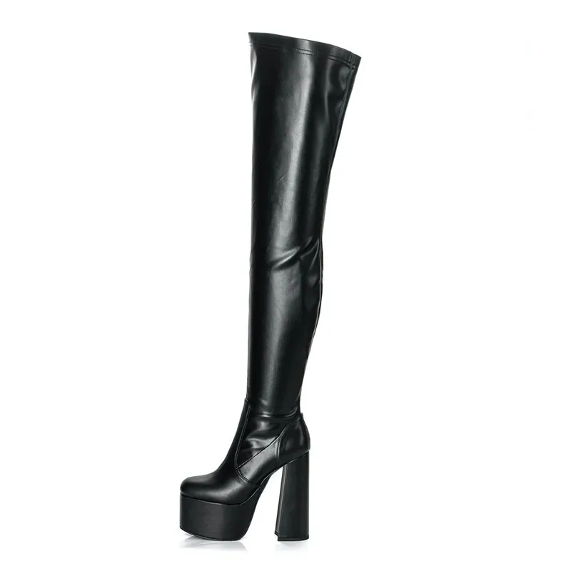 

Женские ботинки из искусственной кожи Ahhlsion, черные ботинки до бедра на блочном каблуке, с круглым носком, для ночного клуба, размеры 5-15, для весны