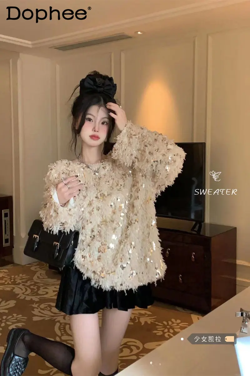 

High-Grade Sequined Sweater Coat Spring 2023 French Women Clothing Retro Design Loose Gentle Comfortable Knitted Pullover Top