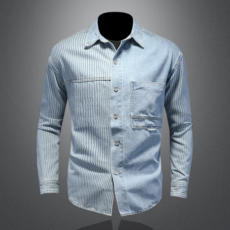 

2022 Spring Men Denim Shirts Casual Cotton High Quality Striped Long Sleeve Cowboy Shirt Male Classic Denim Jacket