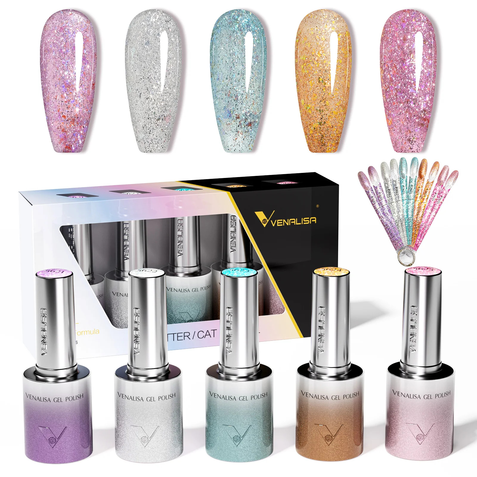 Фото 5 шт. Venalisa Hema/TPO Free Cat Eye Гель-лак для ногтей Набор цветовой палитр Ультра блестящий алмазный блеск Soak Off УФ-светодиодный набор лаков №5