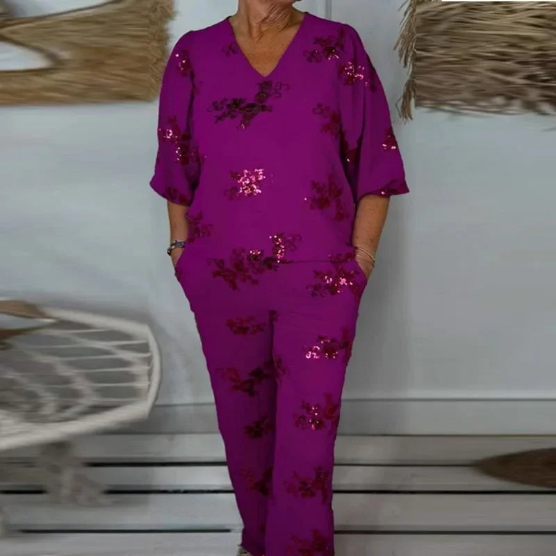 Женский топ и брюки с V-образным вырезом рукавами 3/4 костюмы повседневные