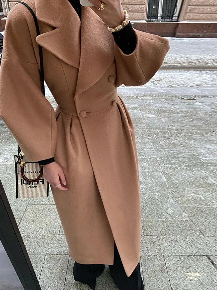 

2023 Spring Women Elegant Woolen Blend Coat Fashion Thicken Lapel Double-Breasted Long Jackets Office Lady Cashmere Outerwears