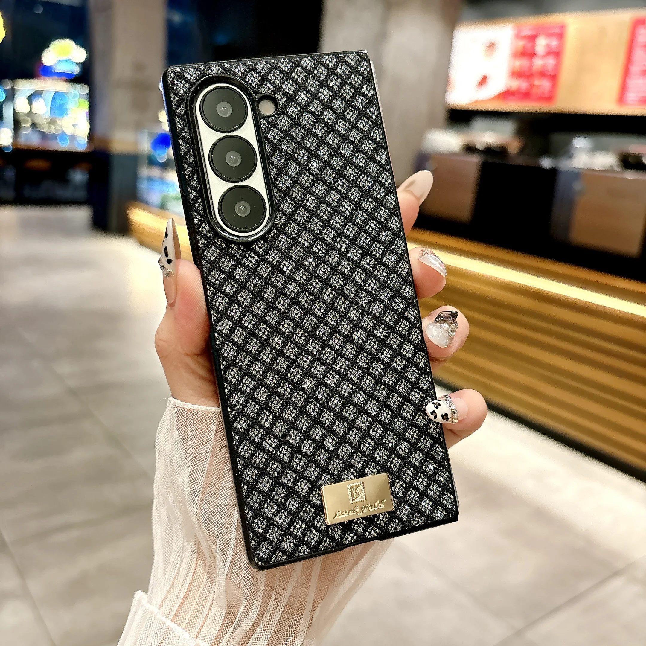 Пластиковый чехол с блестками и квадратным зерном для Samsung Galaxy Z Fold 3 4 5 6