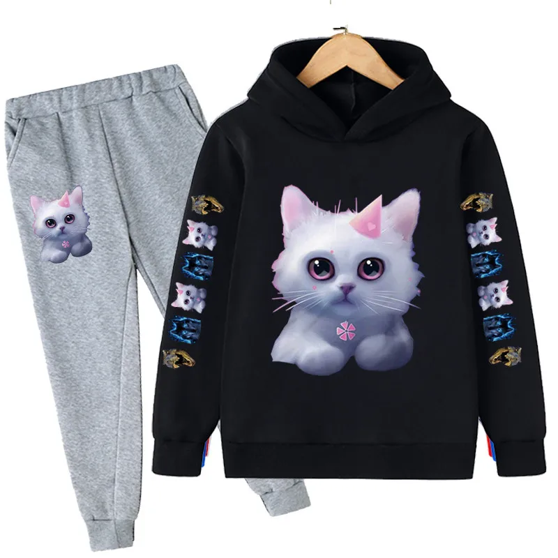 

2022 New Kids Animal Cat Sweatshirt Cotton Cat Suit Two Piece Hoodie And Pant Set 4-14 Years Old Boys Clothes Set Setautumn
