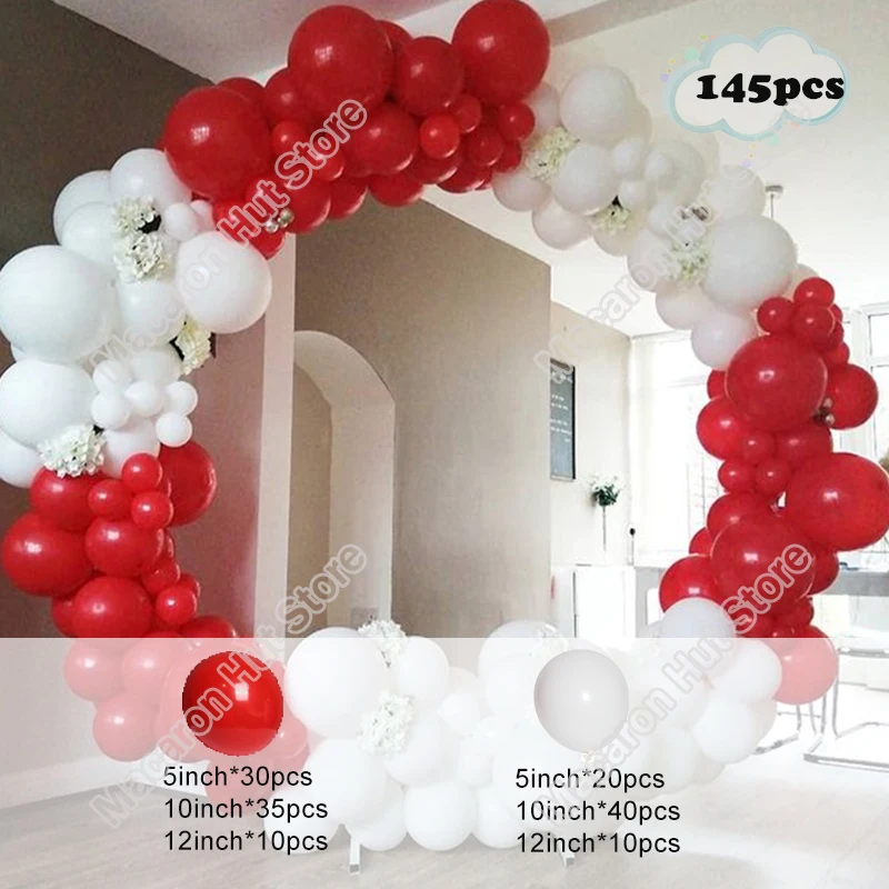 

145pcs White Wedding Party Background Baby Shower Kids 1st Birthday Decoration Event Celebration Doubled Red Balloon Garland Kit