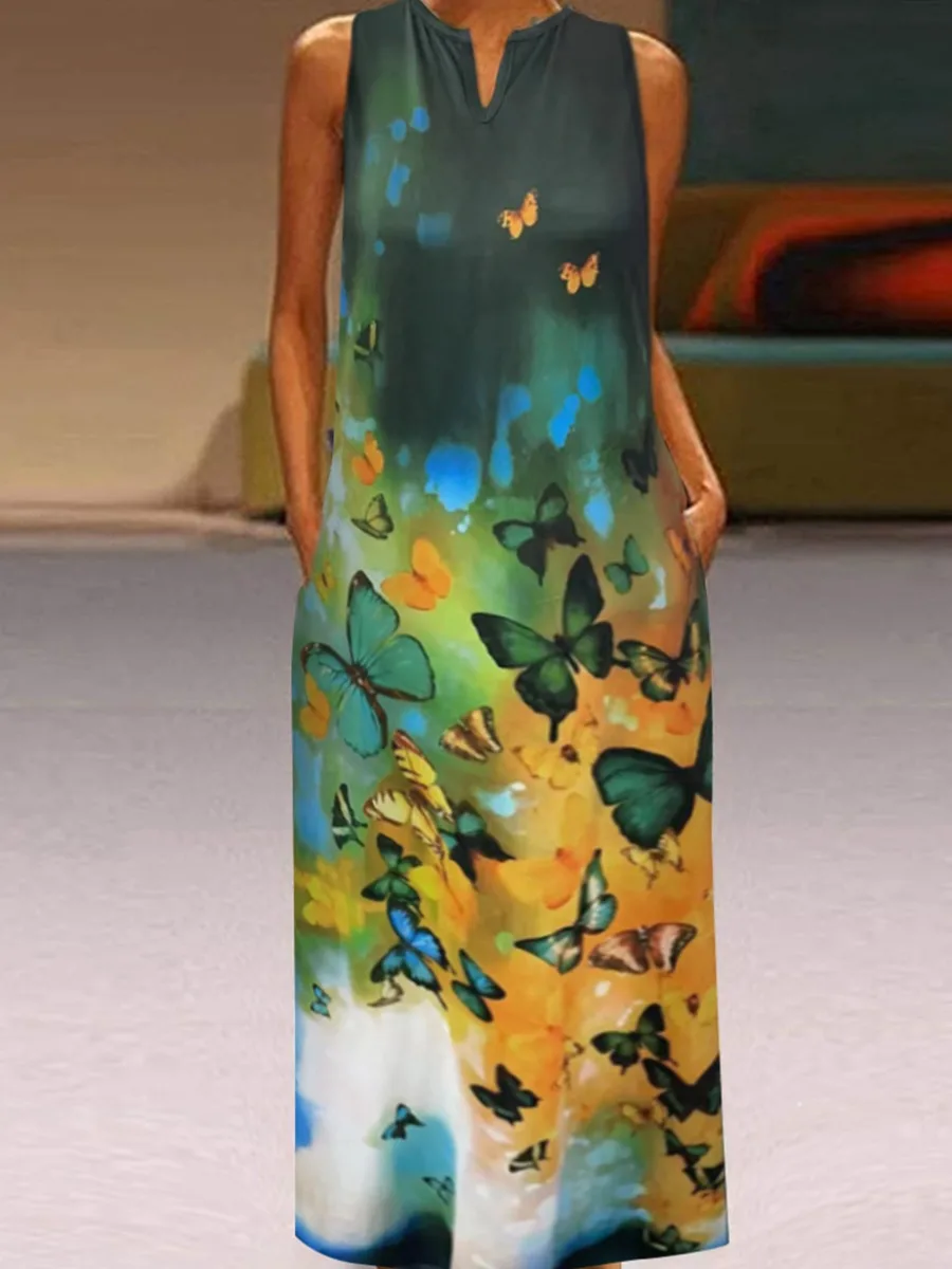 

LW Ladies Elegant Loose Long Dresses Romantic Butterfly Print Sleeveless Casual Comfortable Beach Vintage Maxi Dress
