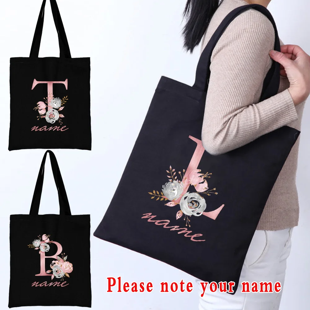 Women Canvas Shoulder Bag Pink Flower Letter Customize Name Handbag Ladies Casual Tote Bag Large Capacity Reusable Shopping Bag