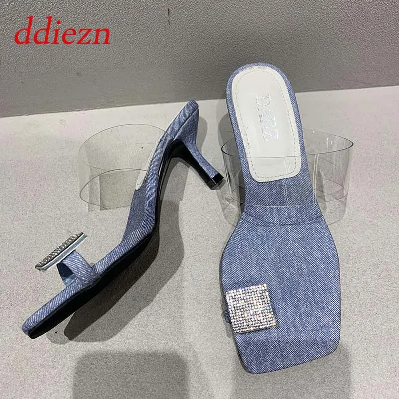 

Ladies Flip Flops Women Denim Thin High Heels Shoes Diamond Square Toe Summer Outdoor Slides Fashion Female Footwear Slipper