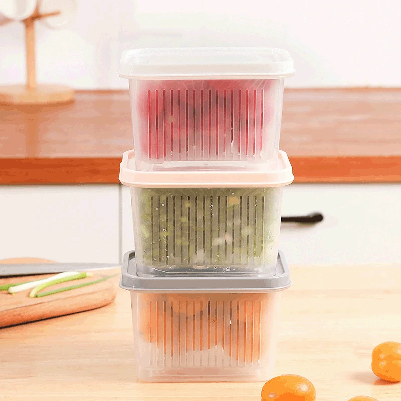 

New Double-layer Household Kitchen Drain Scallion Fresh-keeping Box Refrigerator Storage Box Vegetable and Fruit Drain Basket