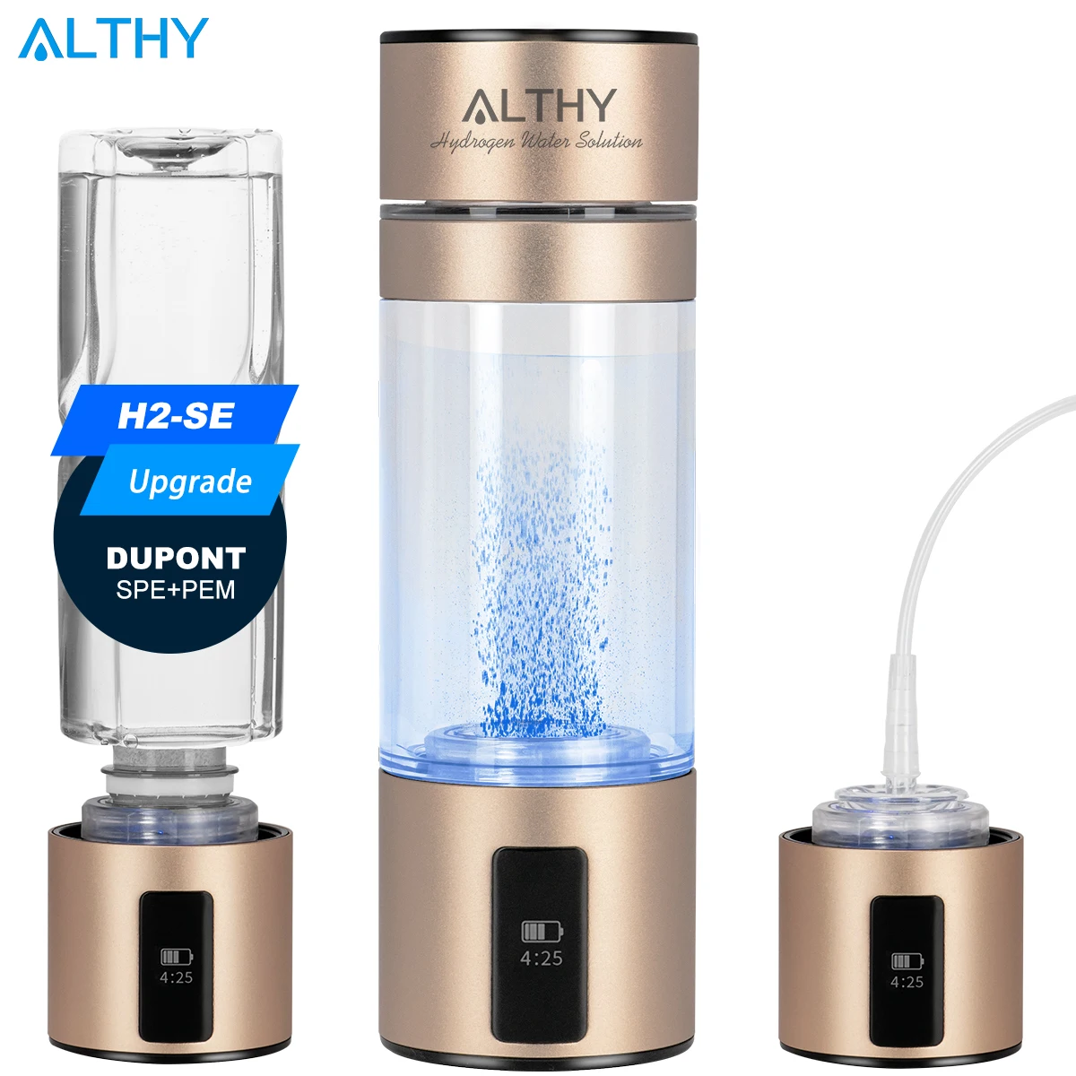 

ALTHY H2-SE Gold Hydrogen Rich Water Generator Bottle DuPont SPE+PEM Dual Chamber lonizer Cup + H2 Inhalation Device