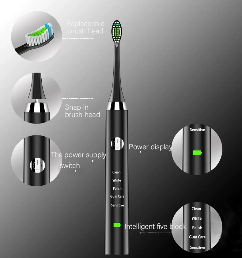 Adult Intelligent Ultrasonic Electric Toothbrush, 5 Modes, Inductive Charging, Grade 7 Waterproof, with Brush Head enlarge