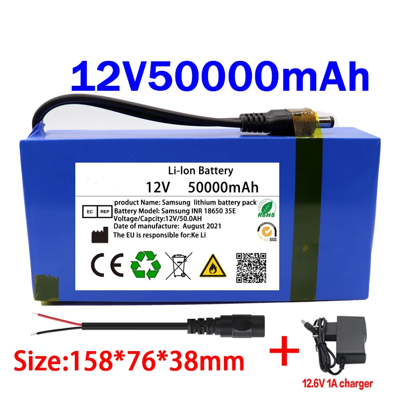 

New 12v 18650 50000mAh Lithium-ion Battery Pack DC 12.6V 50Ah Battery with EU Plug+12.6V1A Charger+DC Bus Head Wire