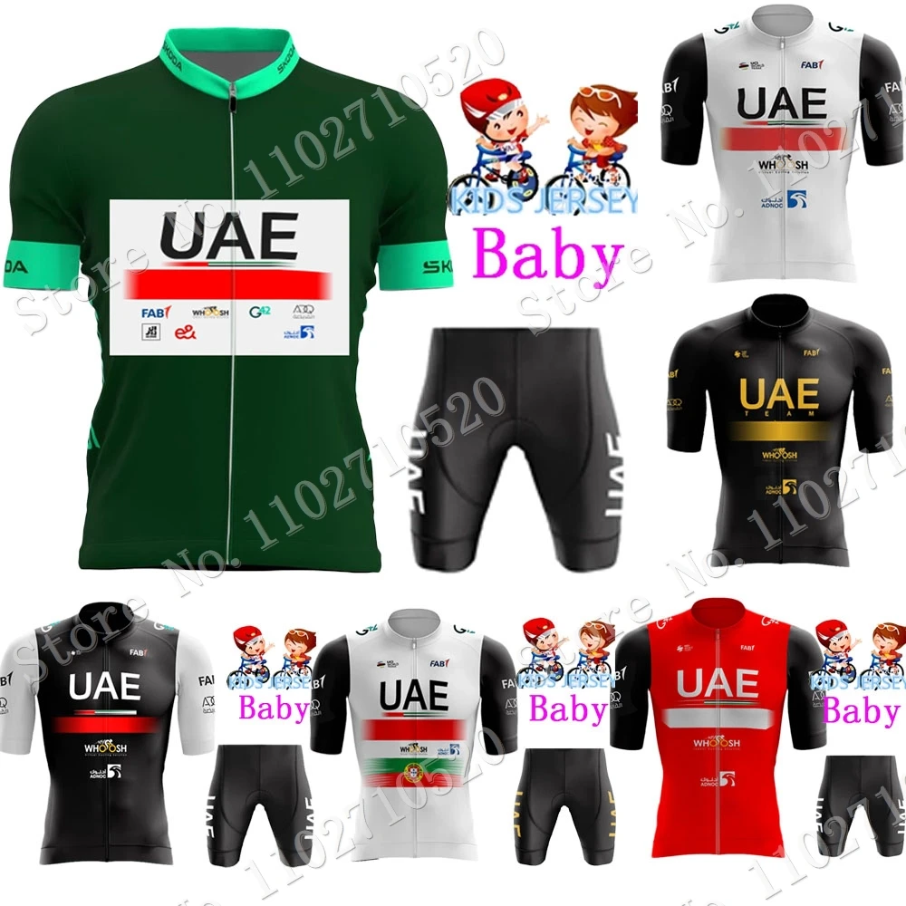 Kids 2023 UAE Team Cycling Jersey Set Boys Girls Green TDF Cycling Clothing Children Suit MTB Ropa Maillot