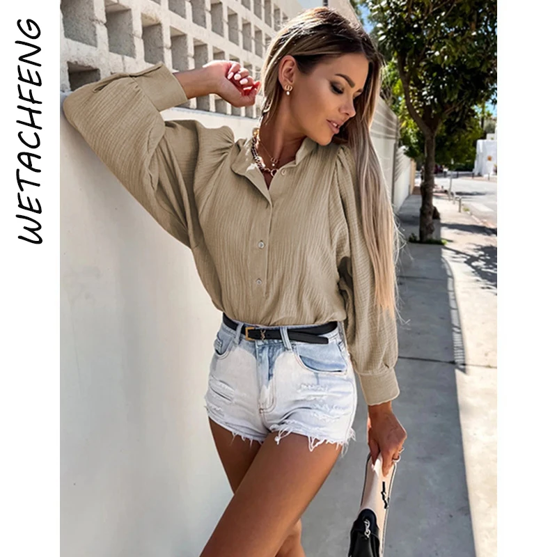 

Женская хлопковая туника на пуговицах, Элегантная блузка с рукавами-фонариками в уличном стиле, осенняя рубашка, 2022