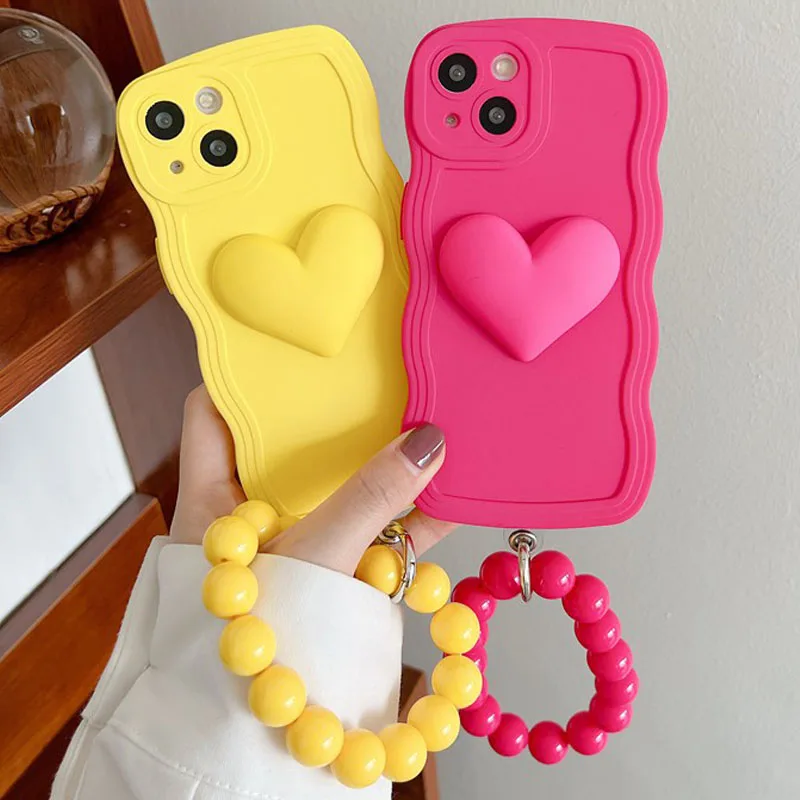 

Heart Wrist Ring Chain Liquid Silicon Wave Phone Case For Samsung Galaxy S23 S22 S21 S20 FE Ultra Plus 5G S21FE S20FE Soft Cover