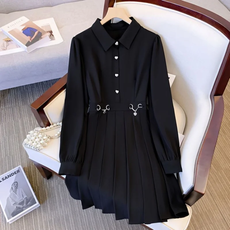 Женское черное платье миди с длинным рукавом и высокой талией